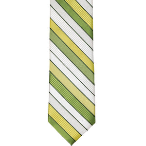 Front view of an asparagus green and white striped slim tie
