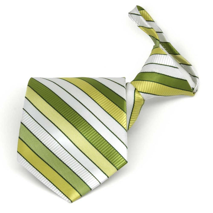 Folded front view of a green and white striped zipper style necktie