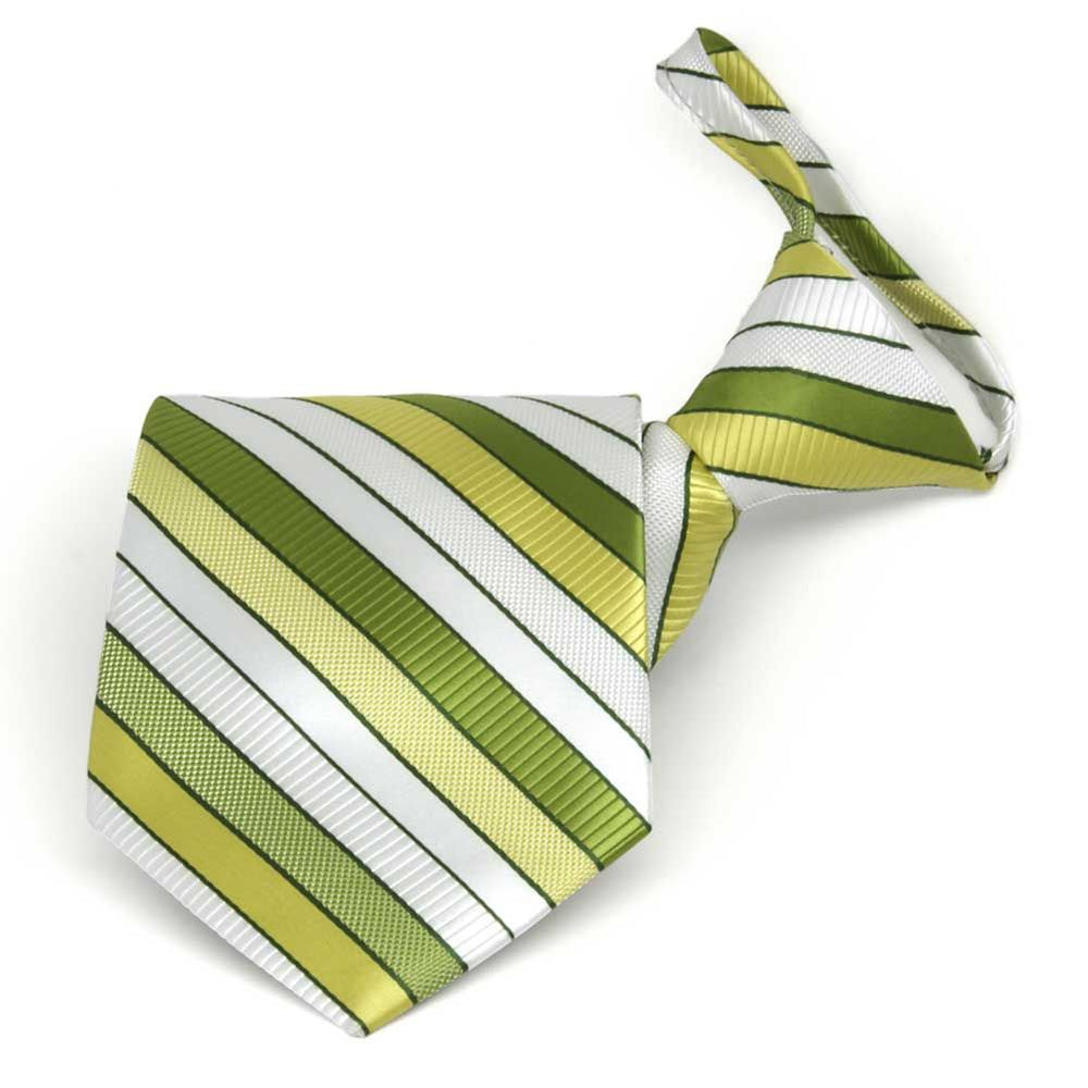 Folded front view of a green and white striped zipper style necktie