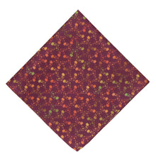 Load image into Gallery viewer, A burgundy pocket square, folded into a diamond, with a colorful leaf pattern