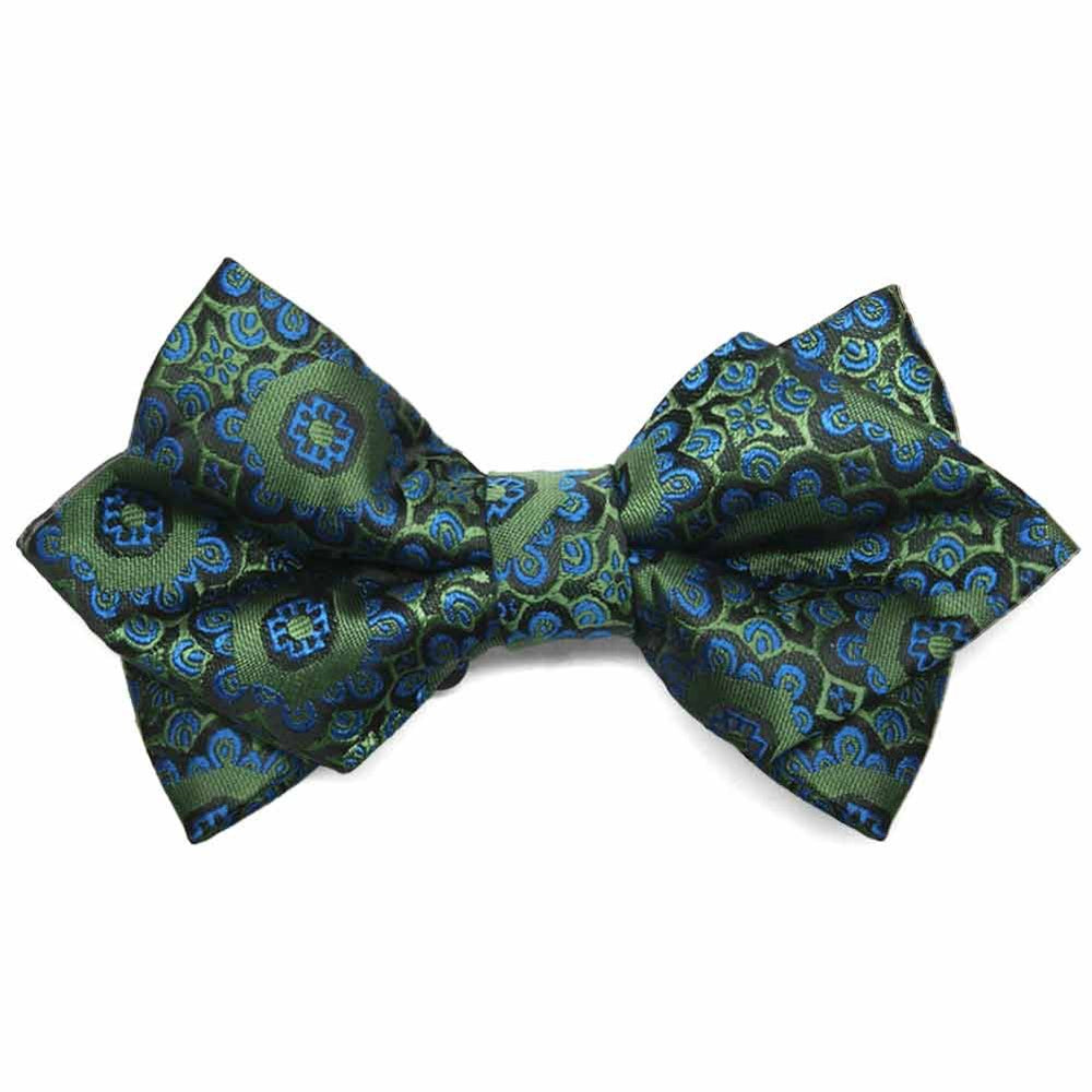 Front view of a green and blue floral pattern diamond tip bow tie