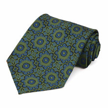 Load image into Gallery viewer, Rolled view of a green and blue floral extra long tie
