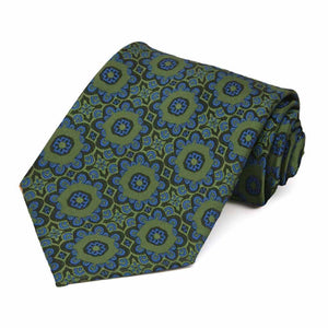 Rolled view of a green and blue floral extra long tie