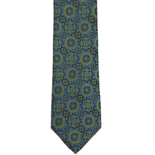 Load image into Gallery viewer, The front bottom view of an avocado green abstract floral tie with blue details