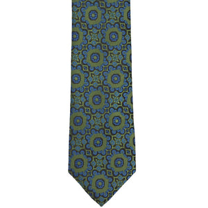 The front bottom view of an avocado green abstract floral tie with blue details