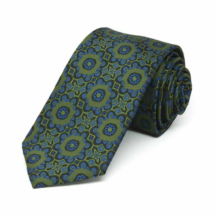 Rolled view of a green and blue floral pattern slim necktie