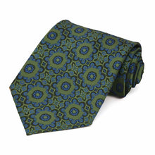 Load image into Gallery viewer, Rolled view of a green and blue floral necktie