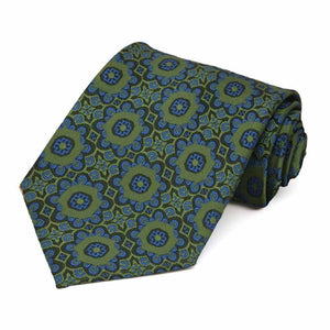 Rolled view of a green and blue floral necktie