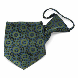 Folded front view of a green and blue floral pattern zipper style tie