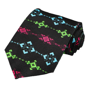 Bright colorful tribal print on a black tie