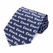 Load image into Gallery viewer, A dark blue tie with a baseball coach word pattern, rolled