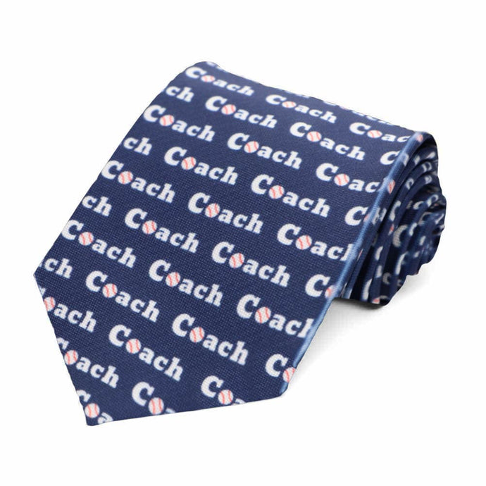 A dark blue tie with a baseball coach word pattern, rolled