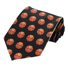 Load image into Gallery viewer, Black necktie with dark orange basketballs