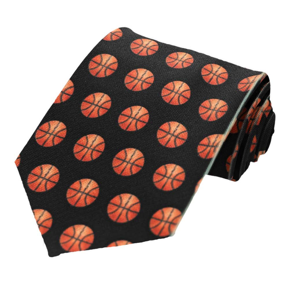 Black necktie with dark orange basketballs