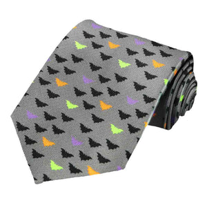 A tiled array of bats in fun colors on a darker gray tie.