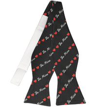 Load image into Gallery viewer, An untied self-tie bow tie in black, with a heart and be mine striped pattern