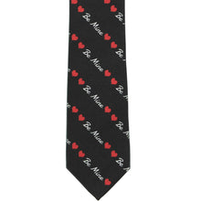 Load image into Gallery viewer, The front of a black slim tie in a be mine heart striped pattern