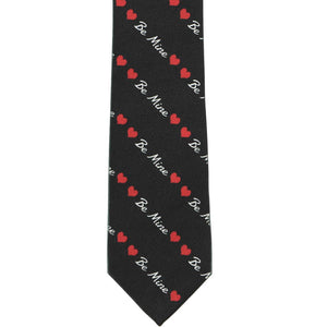 The front of a black slim tie in a be mine heart striped pattern