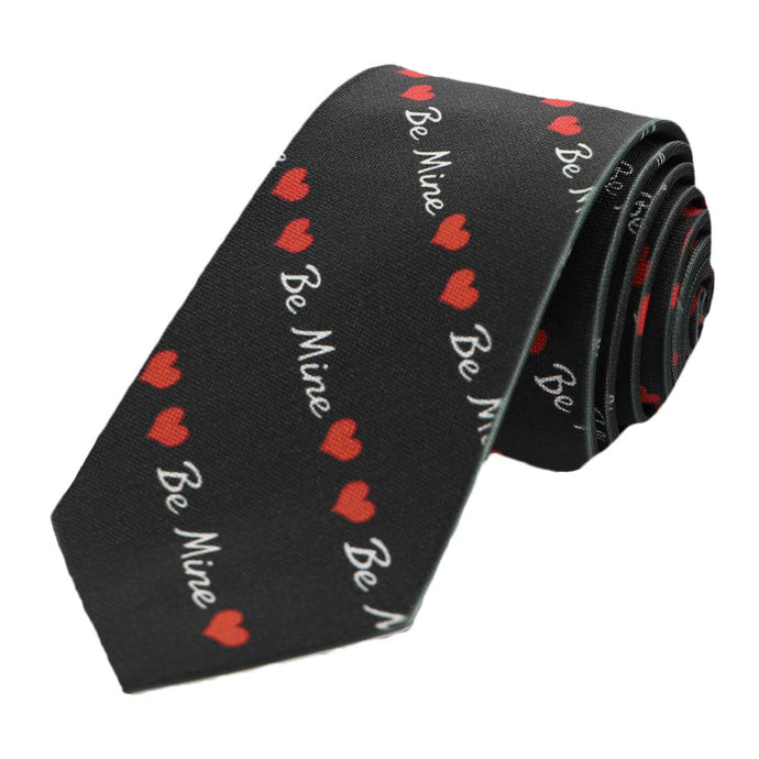 A black slim tie with a striped be mine and red heart novelty design