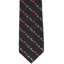 Load image into Gallery viewer, The front of a Valentine&#39;s Day be mine and heart striped tie in black