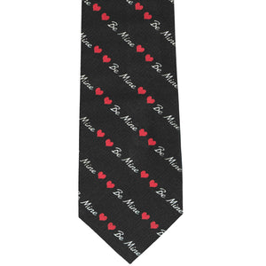 The front of a Valentine's Day be mine and heart striped tie in black