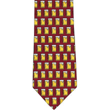 Load image into Gallery viewer, The front of a maroon tie with yellow beer mugs 