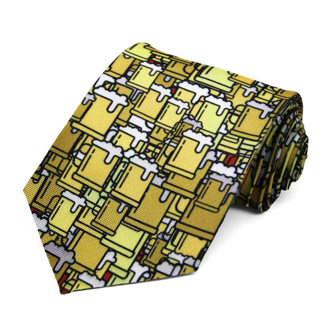 Random beer mugs on a tie in a yellow background.