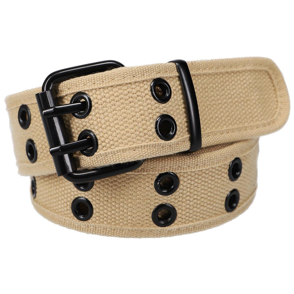 Coiled beige double grommet belt with black hardware