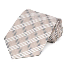 Load image into Gallery viewer, A beige white and gray plaid necktie rolled to show the pattern