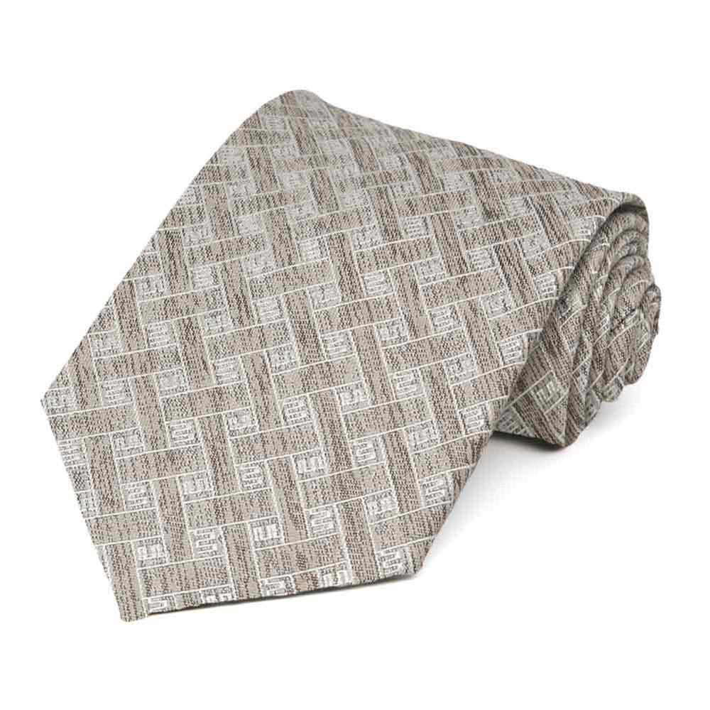 Textured beige and white weave pattern necktie, rolled to show texture up close