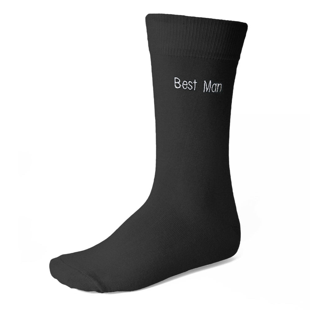 Black wedding dress socks with the word Best Man embroidered on the side