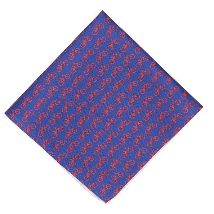 A blue pocket square with red bicycles printed on it