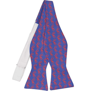 An untied bow tie in a blue and red bicycle pattern