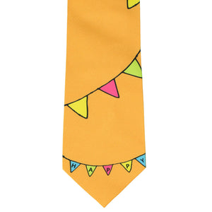 Orange tie with a birthday banner pattern, front view