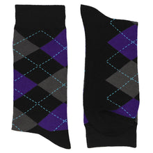 Load image into Gallery viewer, Pair of men&#39;s black, gray and amethyst purple argyle socks