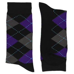 Pair of men's black, gray and amethyst purple argyle socks