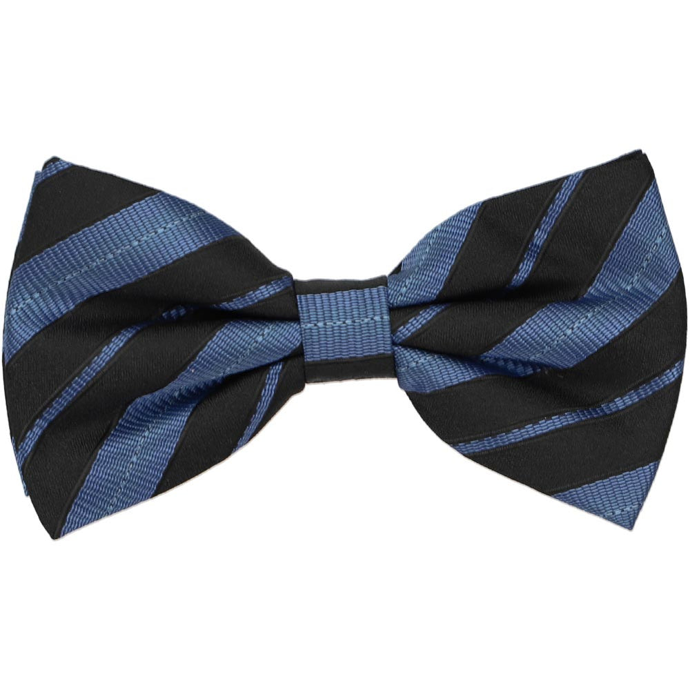 Black and blue striped bow tie, close up front view