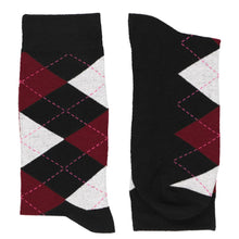 Load image into Gallery viewer, Pair of men&#39;s black and burgundy argyle socks