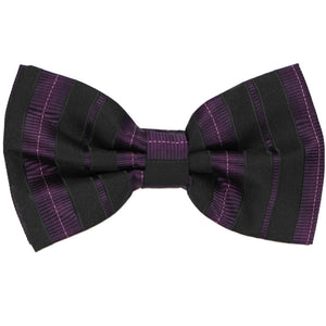 A black and eggplant purple vertically striped bow tie