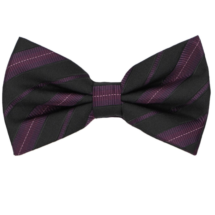 Black and dark purple striped bow tie, close up front view