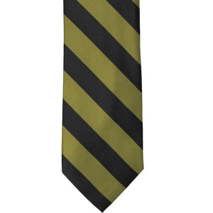 The front of a fern and black striped tie, laid out flat