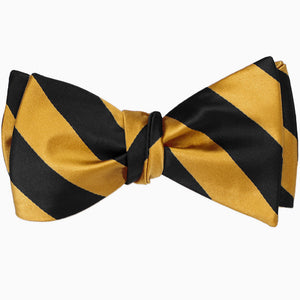 Black and gold bar striped self-tie bow tie, tied