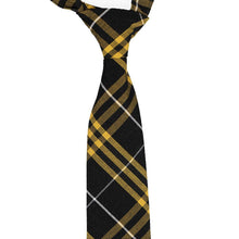 Load image into Gallery viewer, The pre-tied knot and front of a black and gold plaid pre-tied tie