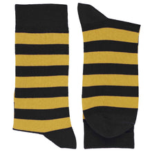 Load image into Gallery viewer, Pair of men&#39;s black and gold striped dress socks, horizontal stripes
