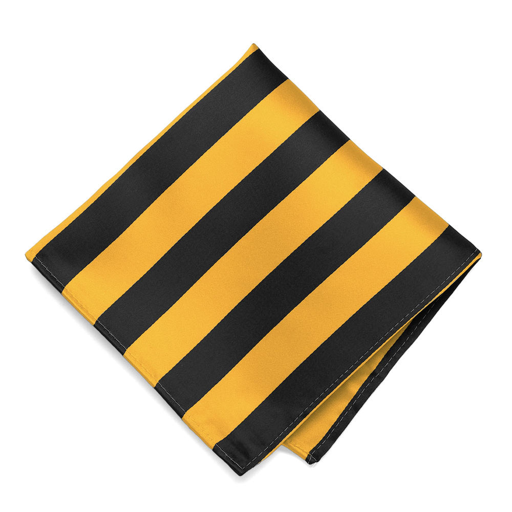 A black and golden yellow striped pocket square, folded into a diamond