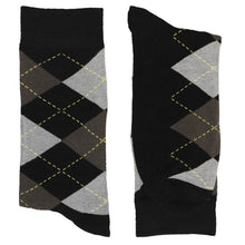 Load image into Gallery viewer, Pair of men's black and dark gray argyle socks