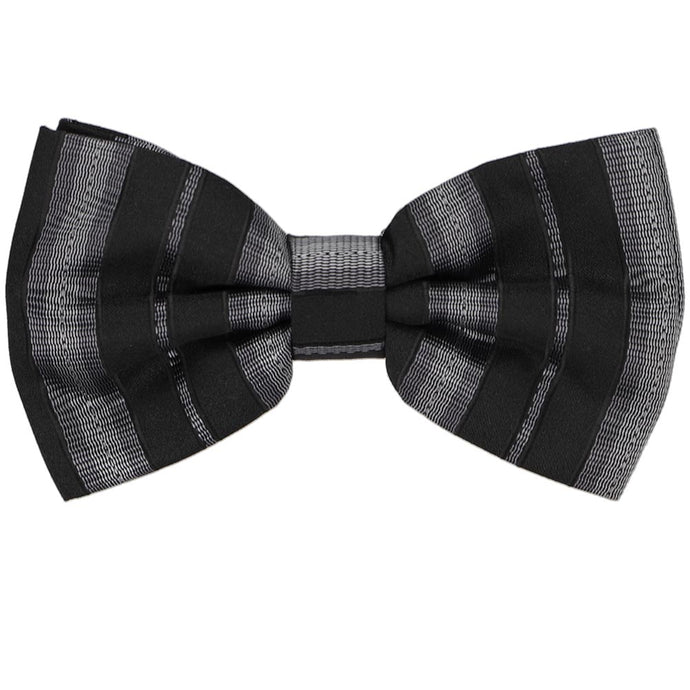 Black and gray striped bow tie, close up front view to show texture of fabric