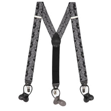 Load image into Gallery viewer, A pair of men&#39;s suspenders in a black and gray paisley pattern