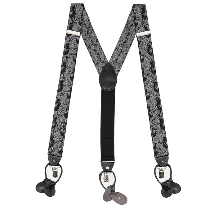 A pair of men's suspenders in a black and gray paisley pattern