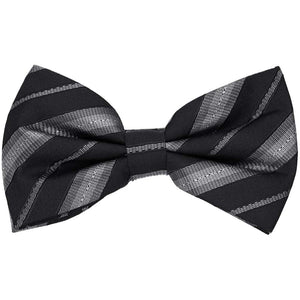 A black and gray striped pre-tied bow tie
